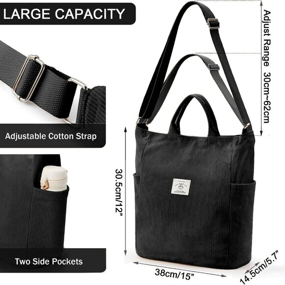 Corduroy Tote Bag Large Multi-Use Casual Work Travel Women - Picture 5 of 8